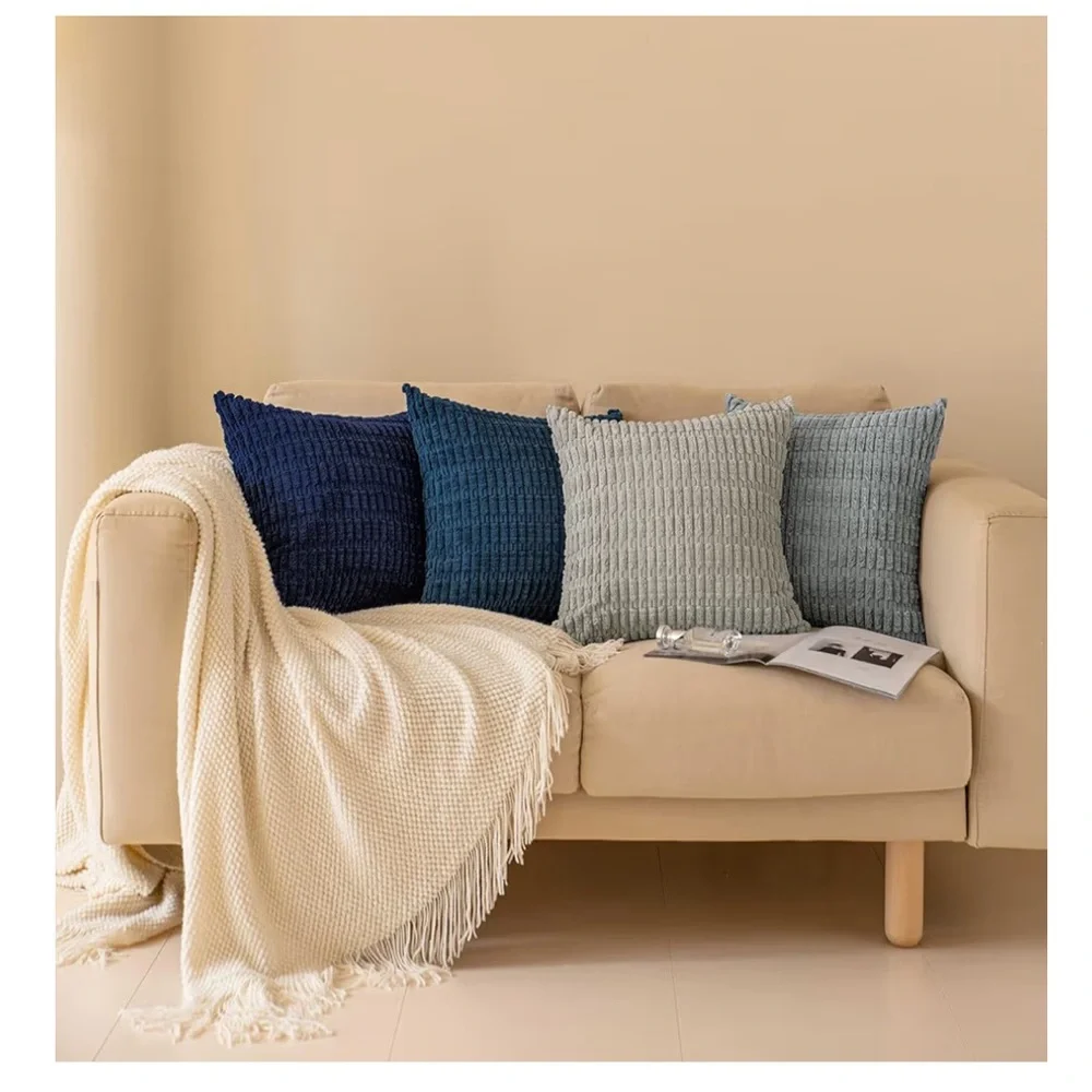 Corduroy Soft Striped Farmhouse SQUARE Throw Pillow Covers 18x18” BLUE (4-pack)